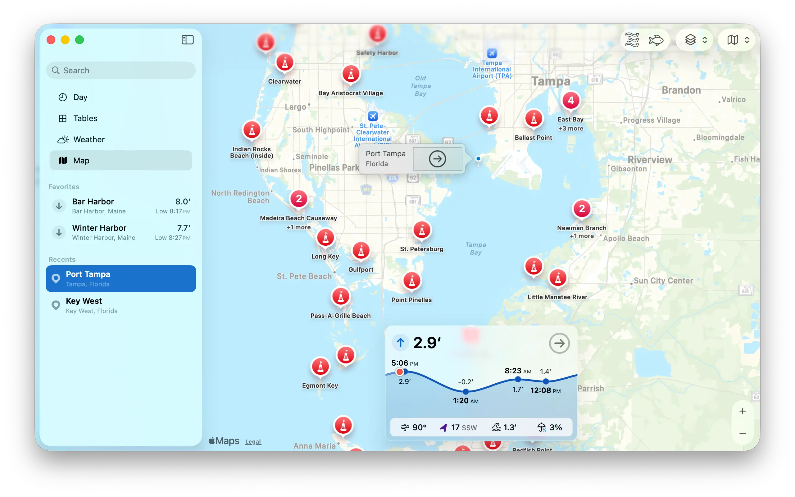 TidesPro map showing tide stations around Tampa Bay.