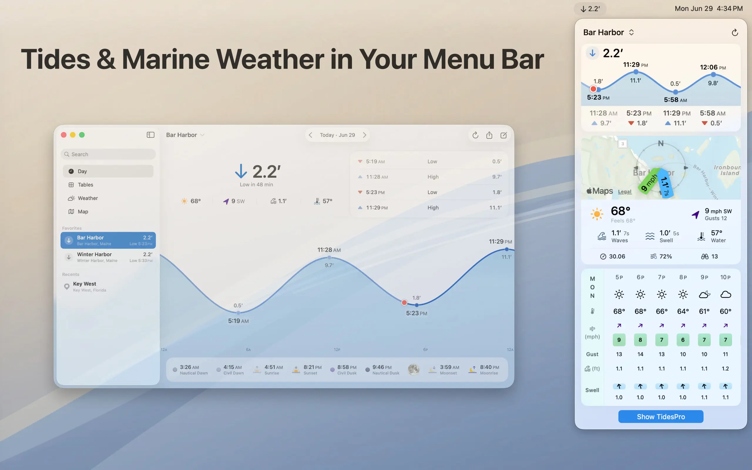 TidesPro menu bar view showing tides, marine weather, map, and hourly forecast.