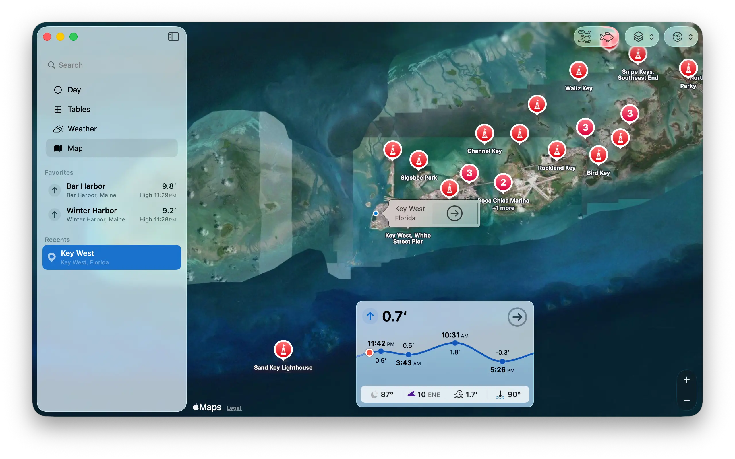 TidesPro satellite map view around Key West.