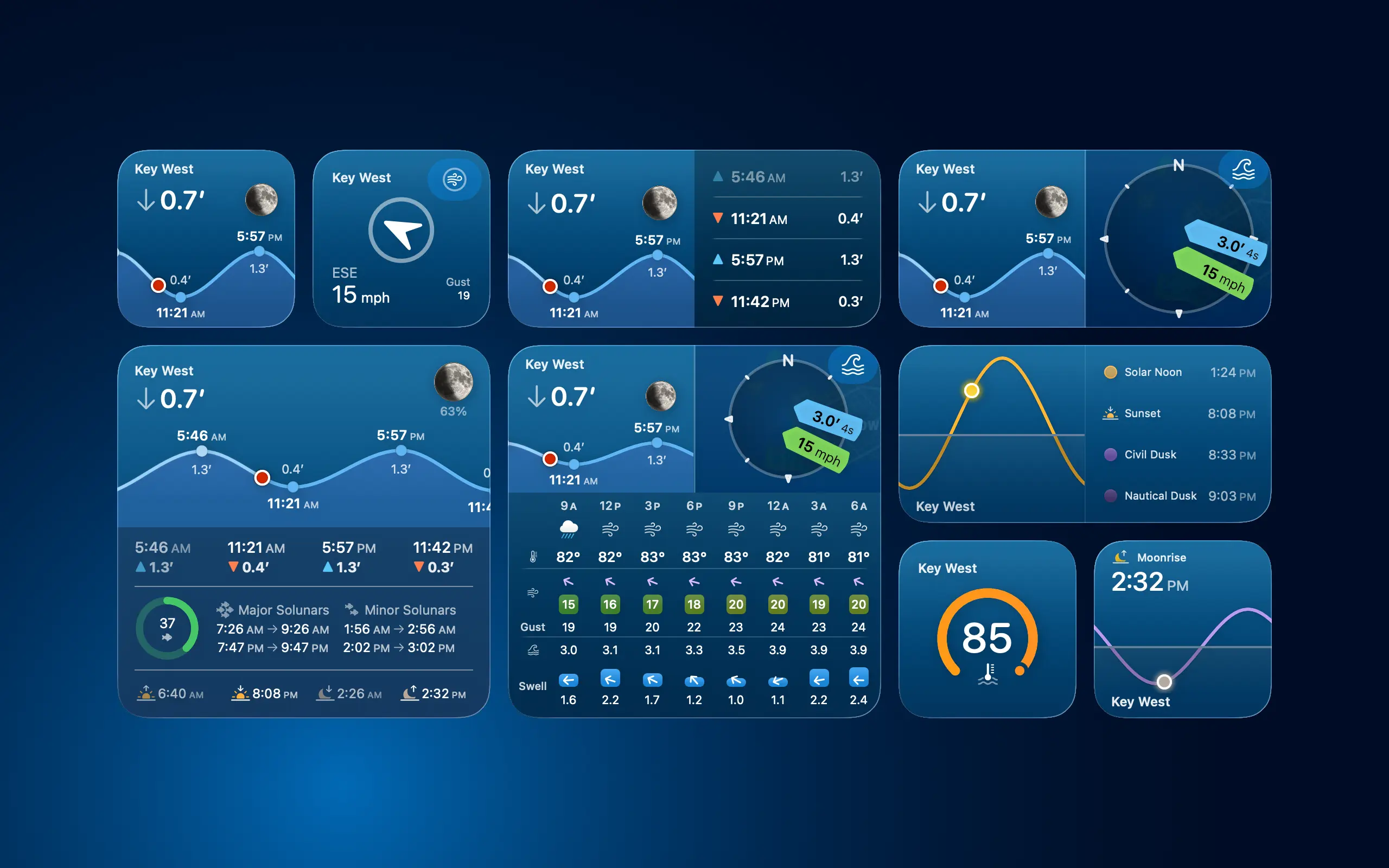 TidesPro widgets showing tides, wind, weather, solunar, and moon information.