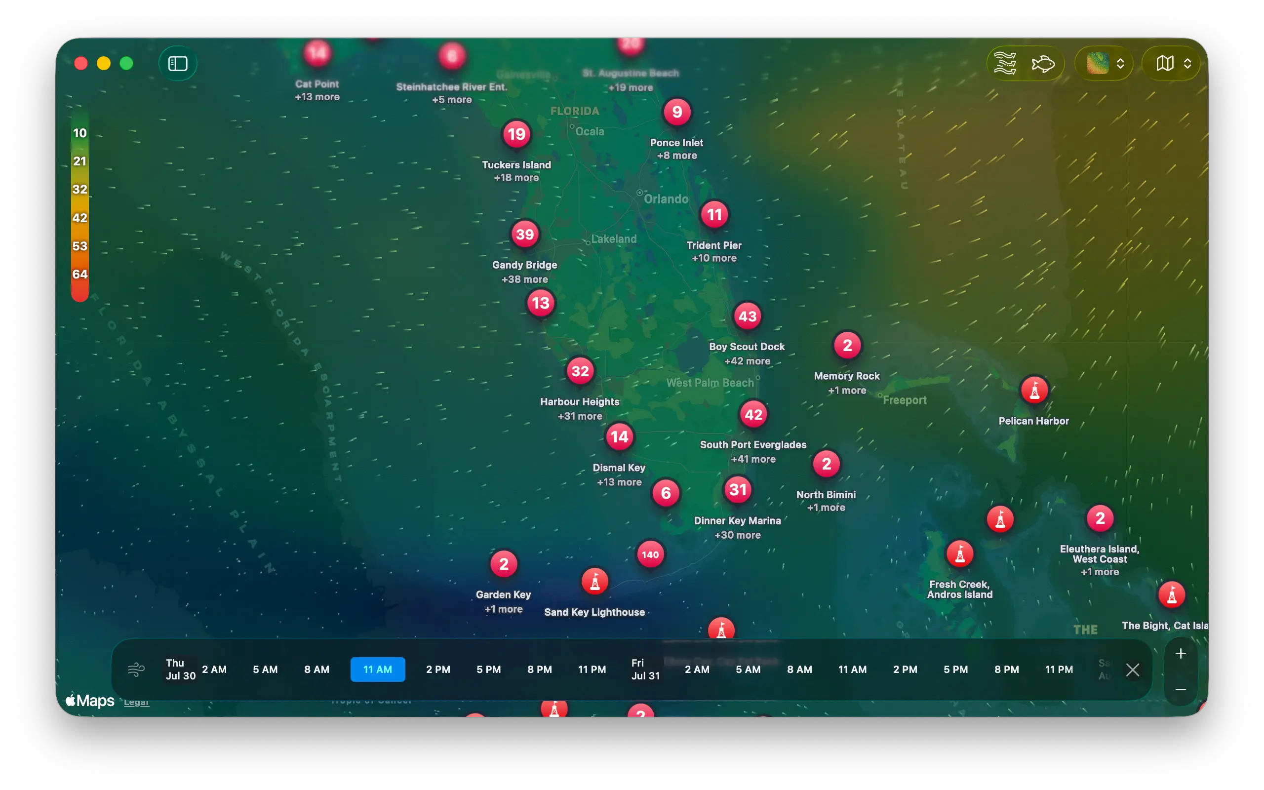 TidesPro map showing the wind overlay with tide stations across the map.